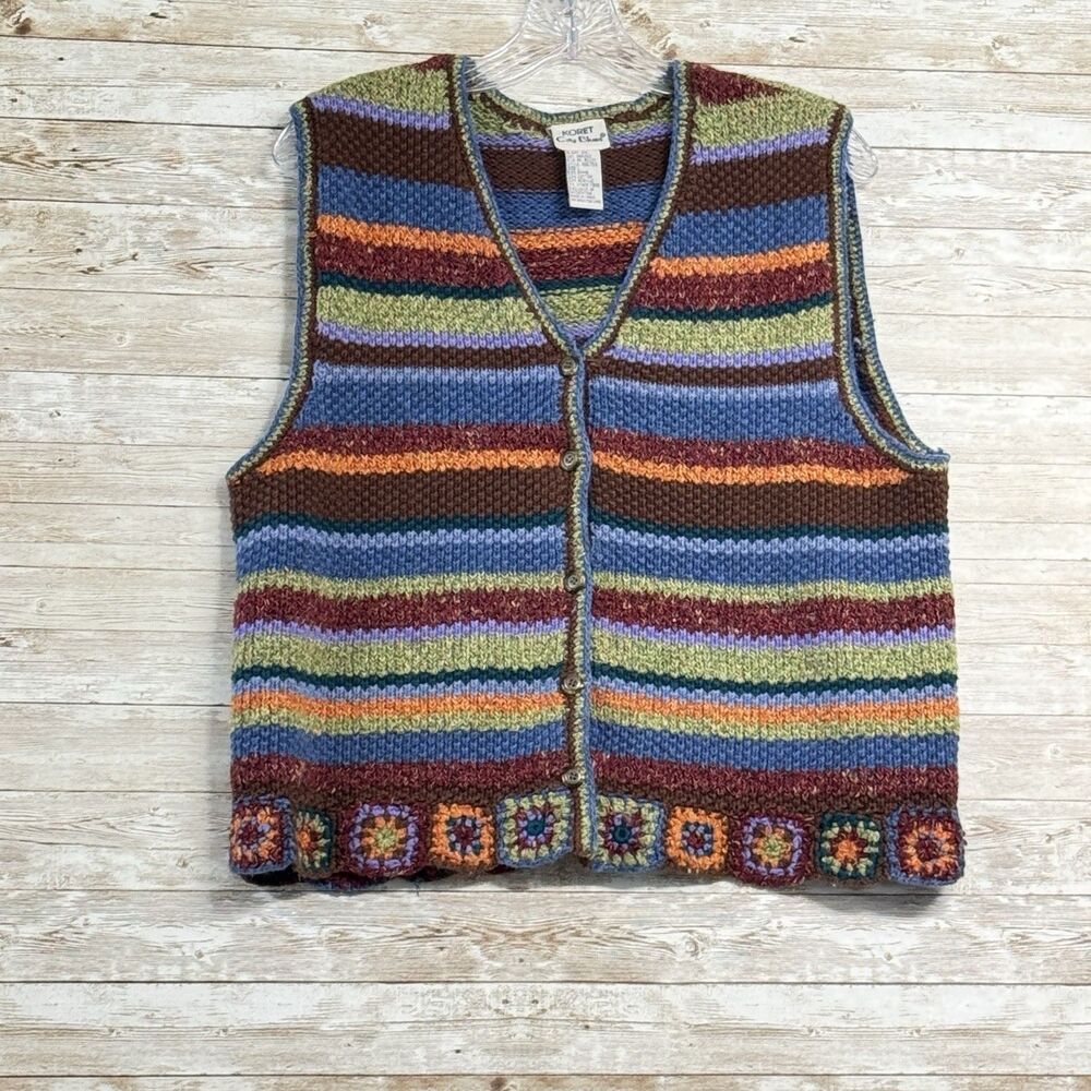 Vintage Koret City Blues Crochet Sweater Vest Womens L Cottage Grandma Boho